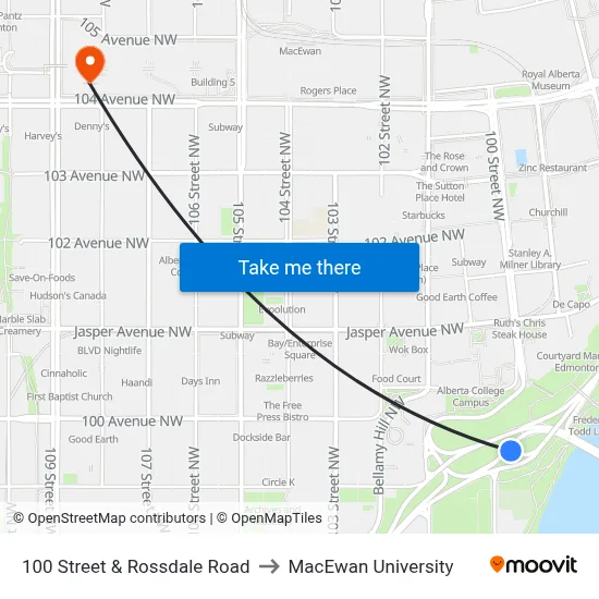 100 Street & Rossdale Road to MacEwan University map