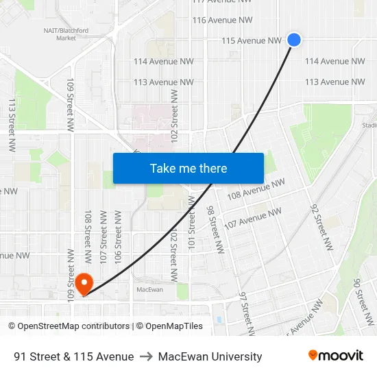 91 Street & 115 Avenue to MacEwan University map