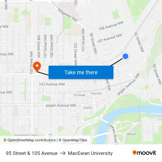 95 Street & 105 Avenue to MacEwan University map