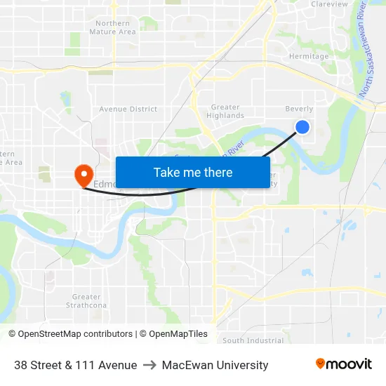 38 Street & 111 Avenue to MacEwan University map