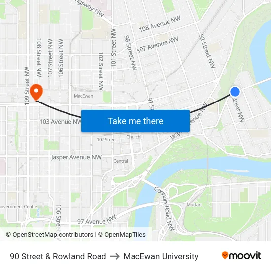 90 Street & Rowland Road to MacEwan University map