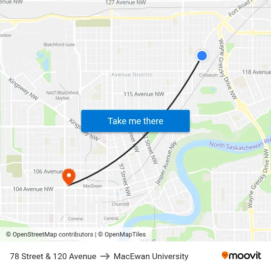 78 Street & 120 Avenue to MacEwan University map