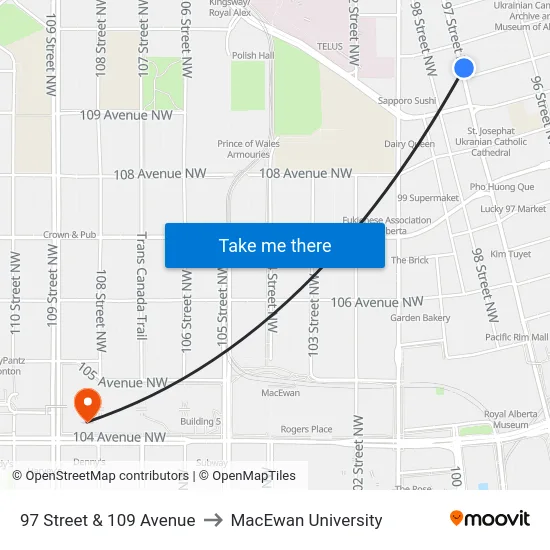97 Street & 109 Avenue to MacEwan University map