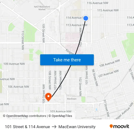 101 Street & 114 Avenue to MacEwan University map