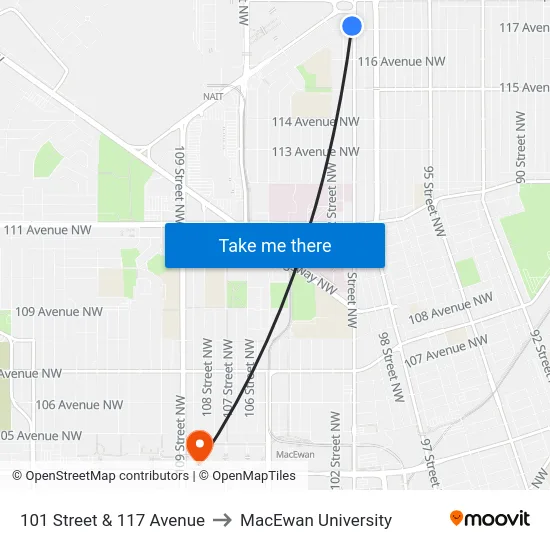 101 Street & 117 Avenue to MacEwan University map