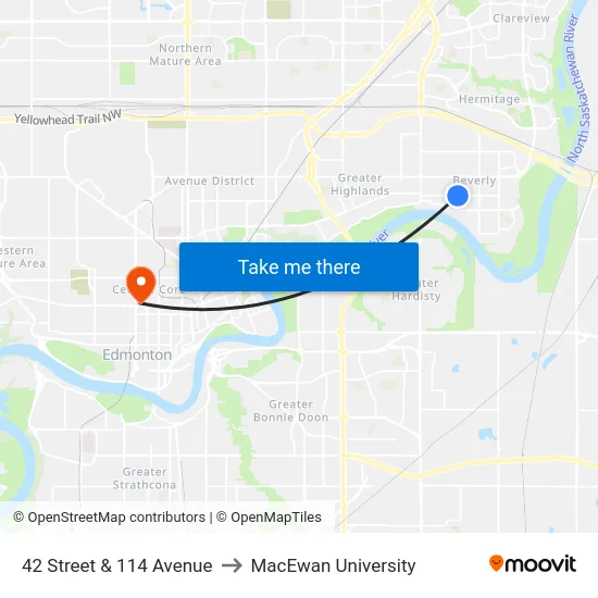 42 Street & 114 Avenue to MacEwan University map