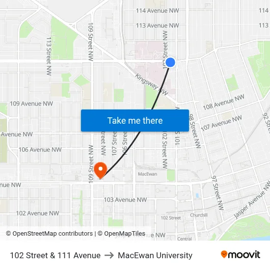 102 Street & 111 Avenue to MacEwan University map