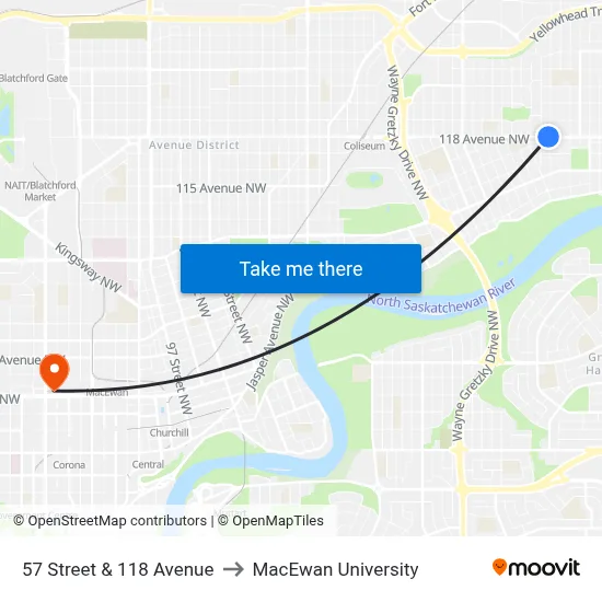 57 Street & 118 Avenue to MacEwan University map