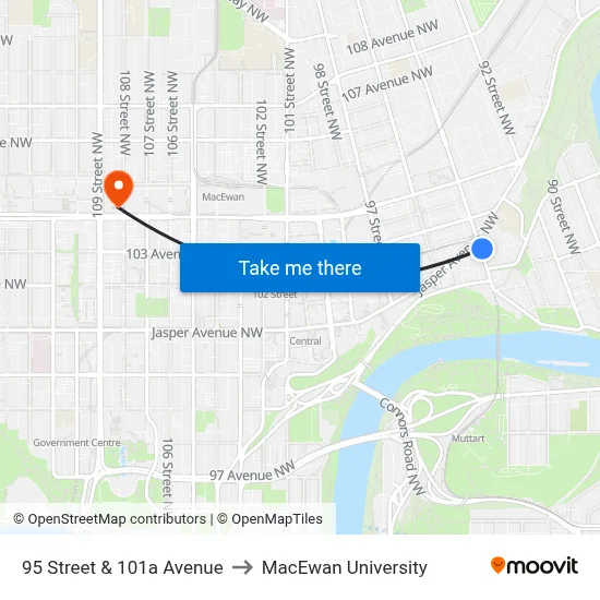 95 Street & 101a Avenue to MacEwan University map