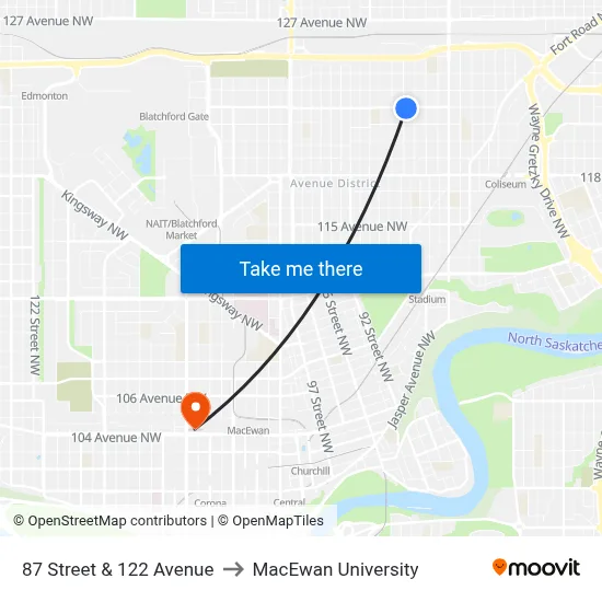 87 Street & 122 Avenue to MacEwan University map