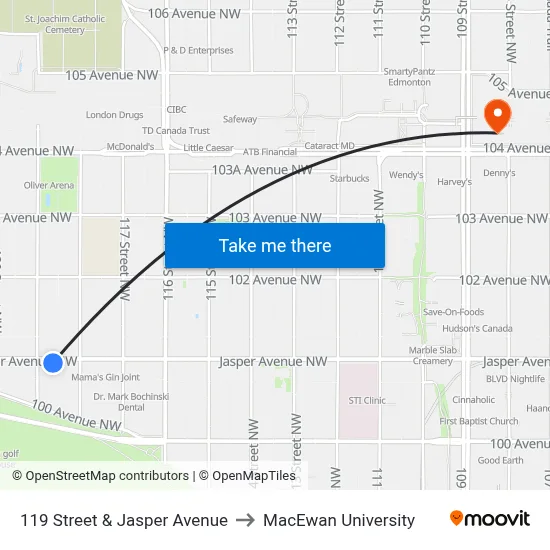 119 Street & Jasper Avenue to MacEwan University map