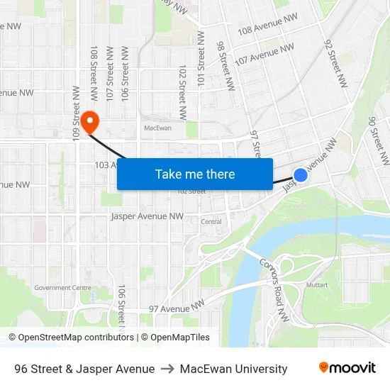 96 Street & Jasper Avenue to MacEwan University map
