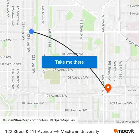 122 Street & 111 Avenue to MacEwan University map