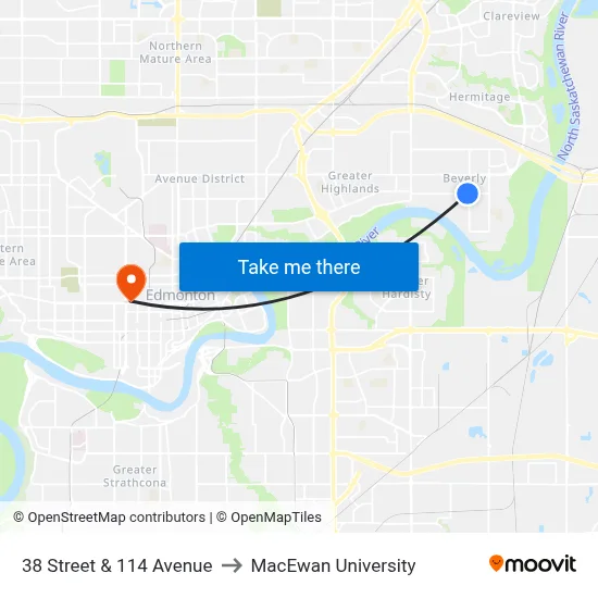 38 Street & 114 Avenue to MacEwan University map