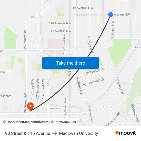 90 Street & 115 Avenue to MacEwan University map