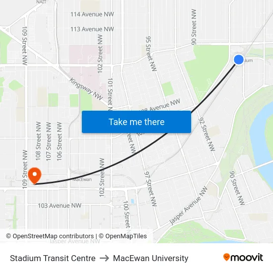 Stadium Transit Centre to MacEwan University map