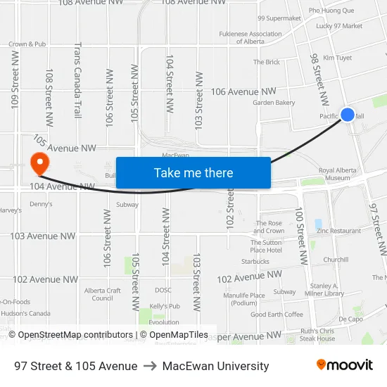 97 Street & 105 Avenue to MacEwan University map