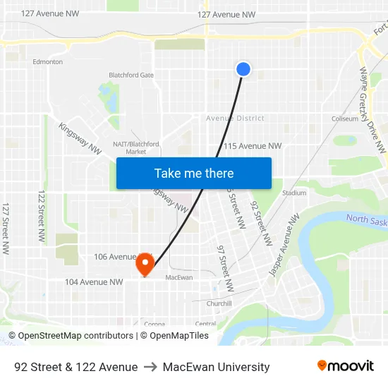92 Street & 122 Avenue to MacEwan University map