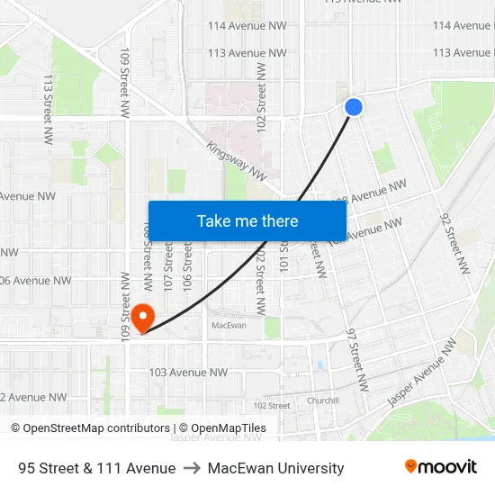 95 Street & 111 Avenue to MacEwan University map