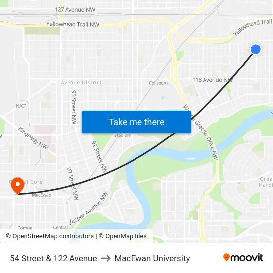 54 Street & 122 Avenue to MacEwan University map