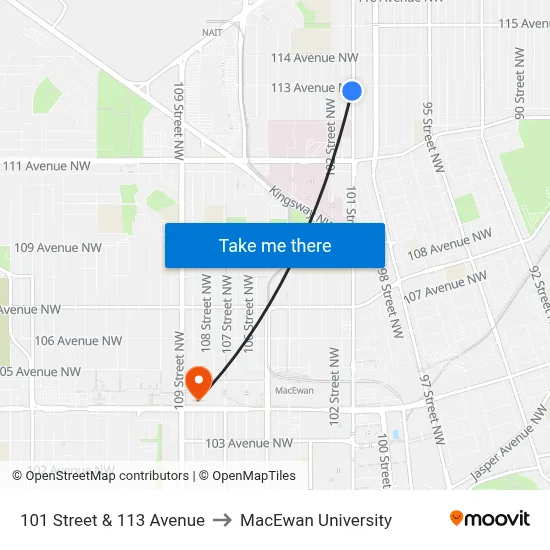 101 Street & 113 Avenue to MacEwan University map