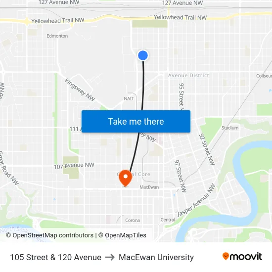 105 Street & 120 Avenue to MacEwan University map