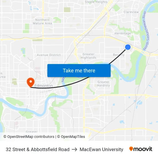 32 Street & Abbottsfield Road to MacEwan University map
