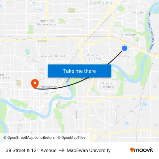 38 Street & 121 Avenue to MacEwan University map