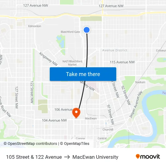 105 Street & 122 Avenue to MacEwan University map