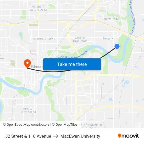 32 Street & 110 Avenue to MacEwan University map