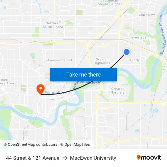 44 Street & 121 Avenue to MacEwan University map