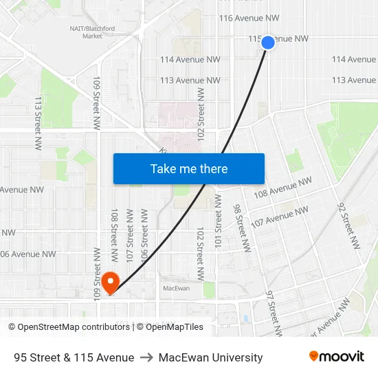 95 Street & 115 Avenue to MacEwan University map