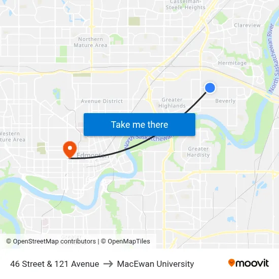 46 Street & 121 Avenue to MacEwan University map