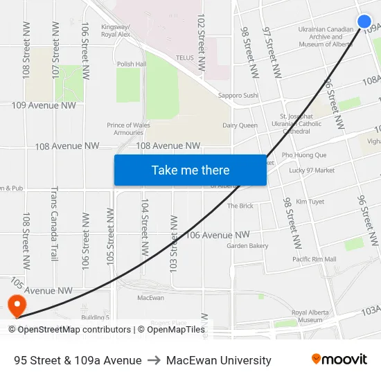 95 Street & 109a Avenue to MacEwan University map