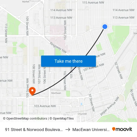 91 Street & Norwood Boulevard to MacEwan University map