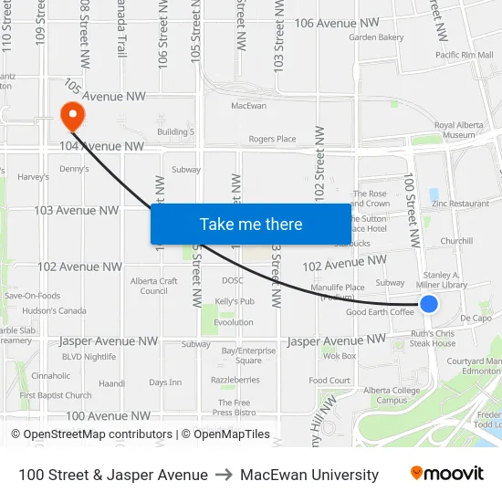100 Street & Jasper Avenue to MacEwan University map
