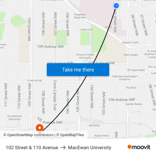 102 Street & 110 Avenue to MacEwan University map