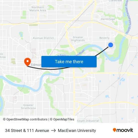 34 Street & 111 Avenue to MacEwan University map