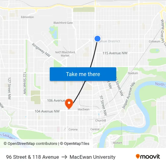 96 Street & 118 Avenue to MacEwan University map