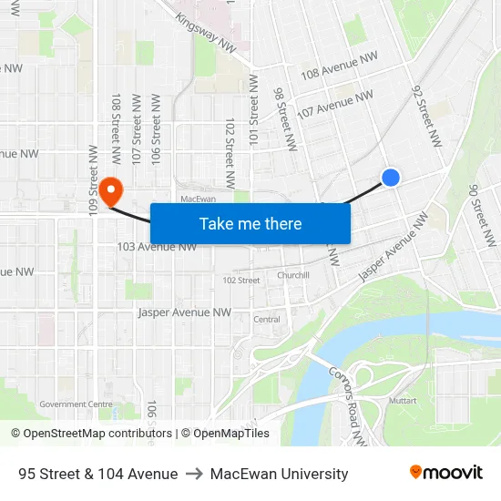 95 Street & 104 Avenue to MacEwan University map