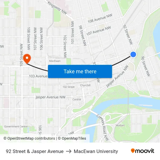 92 Street & Jasper Avenue to MacEwan University map