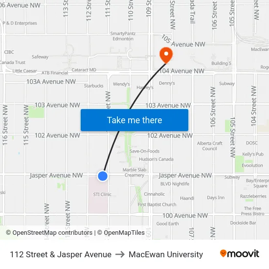 112 Street & Jasper Avenue to MacEwan University map