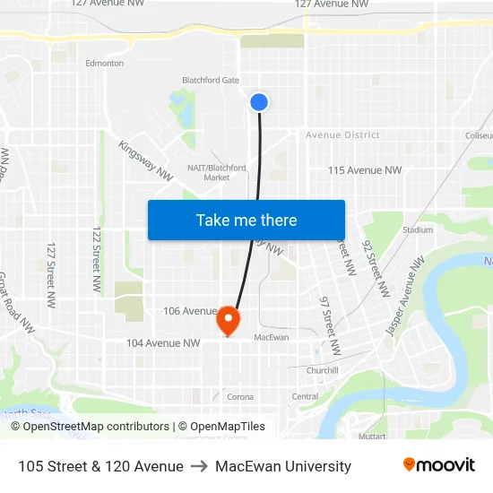 105 Street & 120 Avenue to MacEwan University map