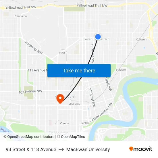 93 Street & 118 Avenue to MacEwan University map