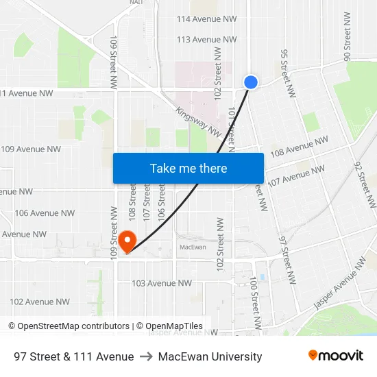 97 Street & 111 Avenue to MacEwan University map