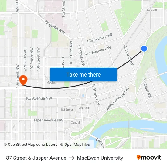 87 Street & Jasper Avenue to MacEwan University map