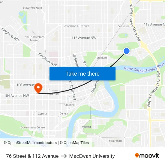 76 Street & 112 Avenue to MacEwan University map