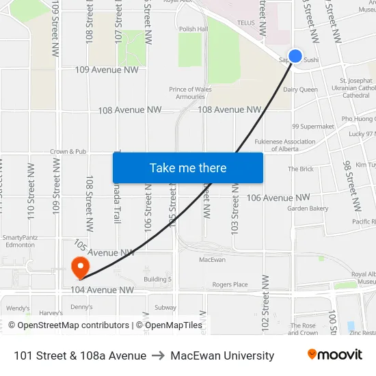 101 Street & 108a Avenue to MacEwan University map