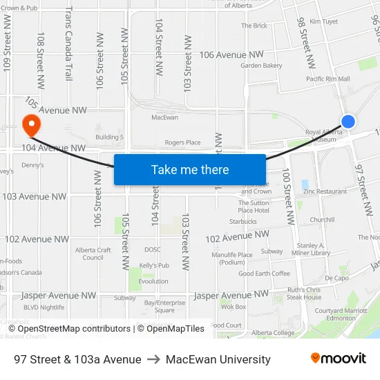 97 Street & 103a Avenue to MacEwan University map