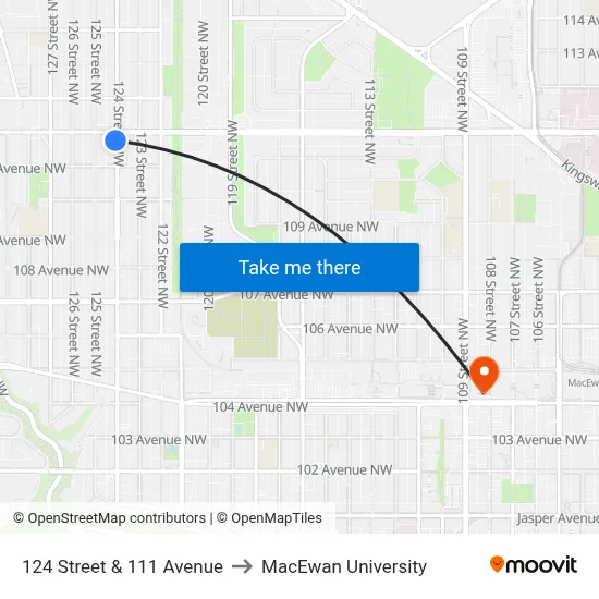 124 Street & 111 Avenue to MacEwan University map